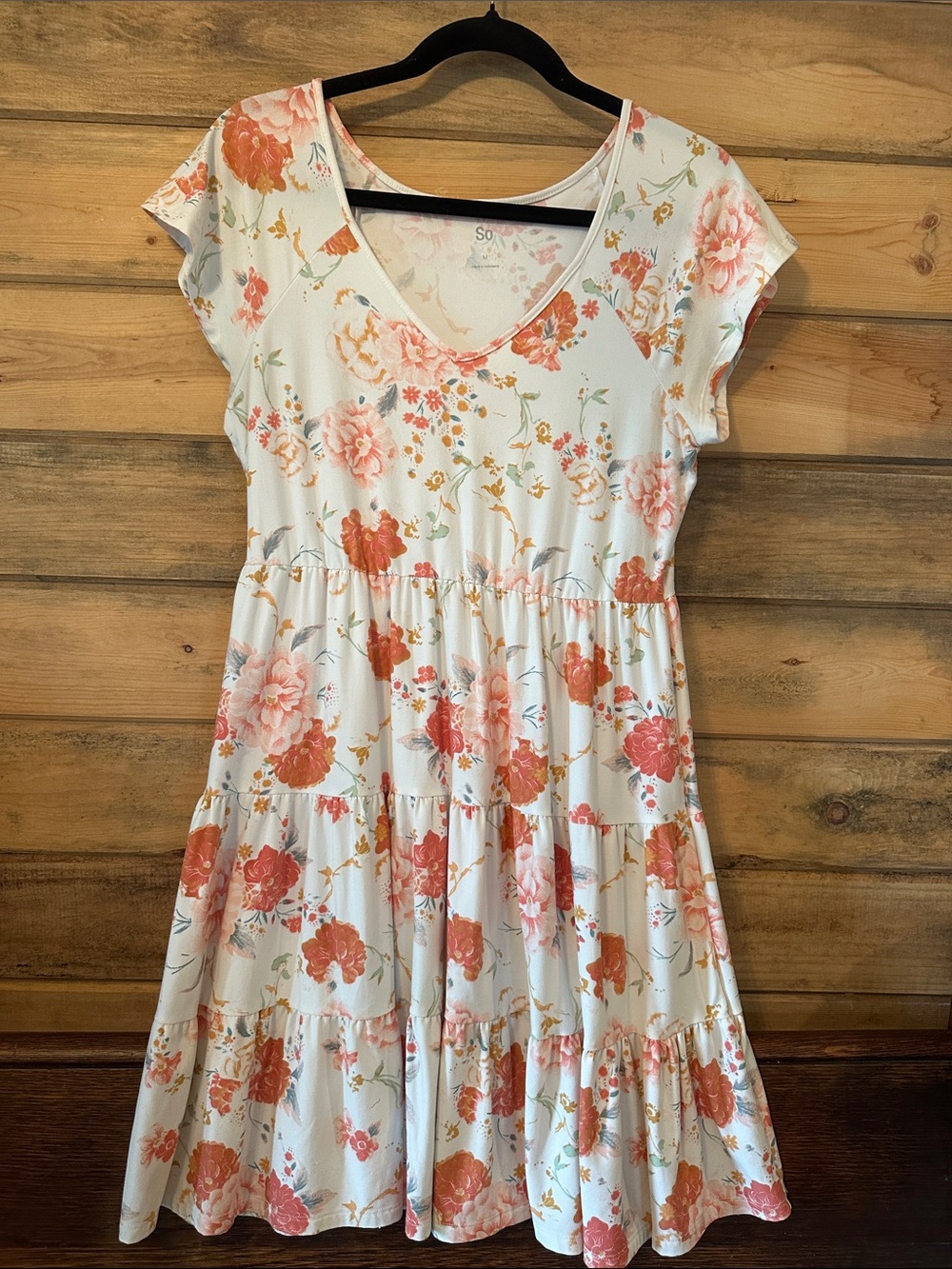 SO Floral Tiered V-Neck Dress in White and Coral